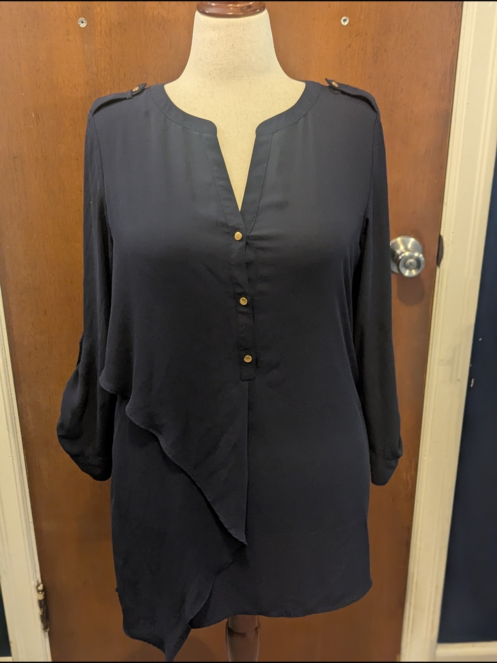 Chico's Navy Asymmetric Ruffle Tunic with Gold Buttons